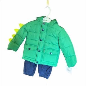 Little Me Dinosaur 3-Piece Outfit Set Puffer Jacket, Long Sleeve Top & Pants NWT